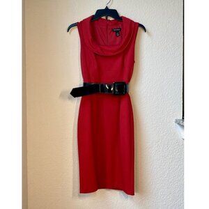 White House Black Market Roll neck sleeveless red midi dress with black belt 2